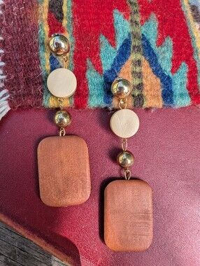Wood and Gold Drop Earrings - Brown and Gold Chunky Earrings